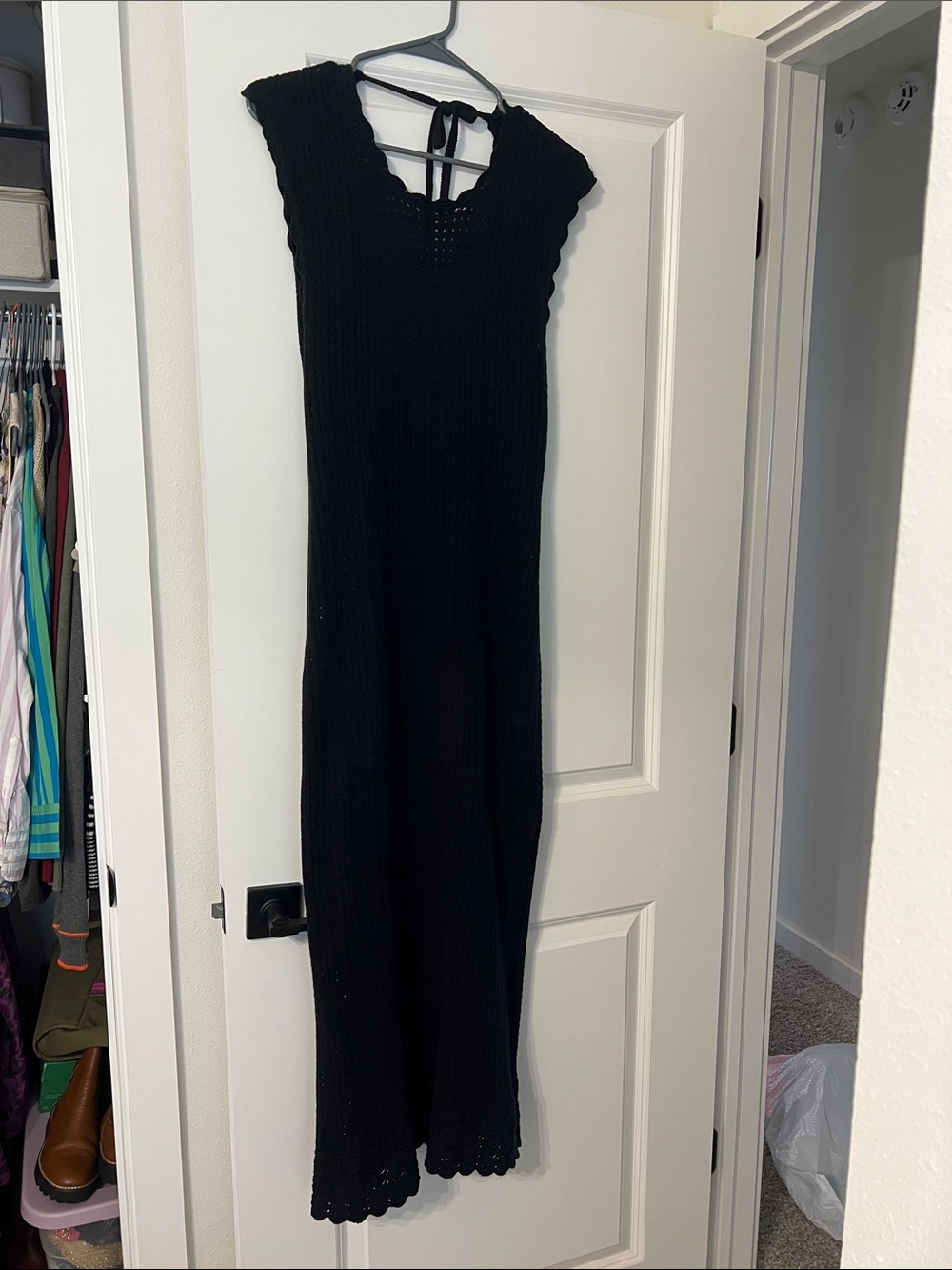 J. Crew Black Knit Maxi Dress with Tie-Back and Scalloped Trim